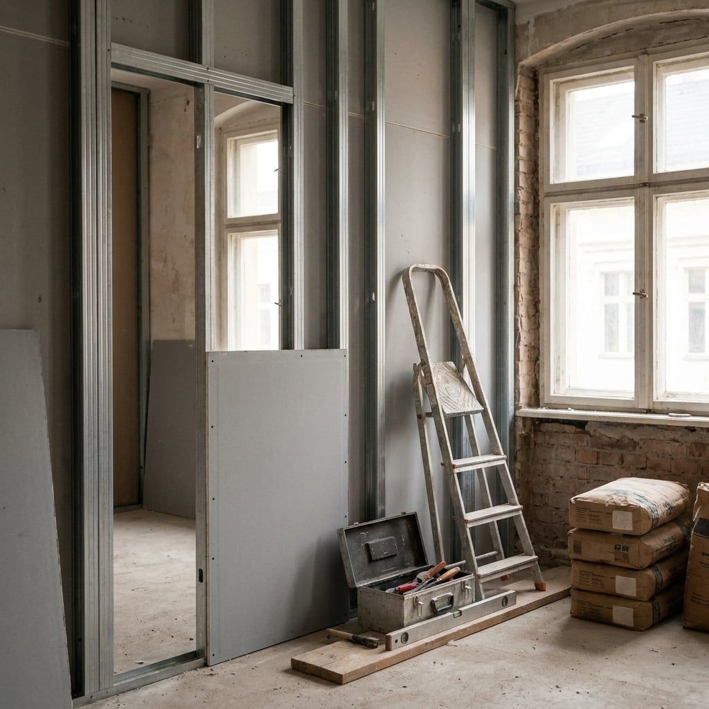 Altbauraum im Umbau mit Metallständerwerk für neue Trockenbauwände vor hohen Sprossenfenstern