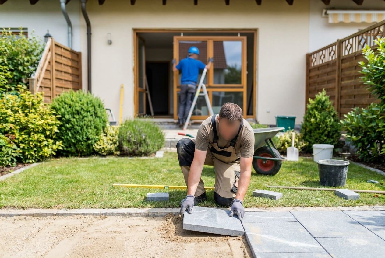 Handwerker verlegt Terrassenplatten im Garten eines Reihenhauses