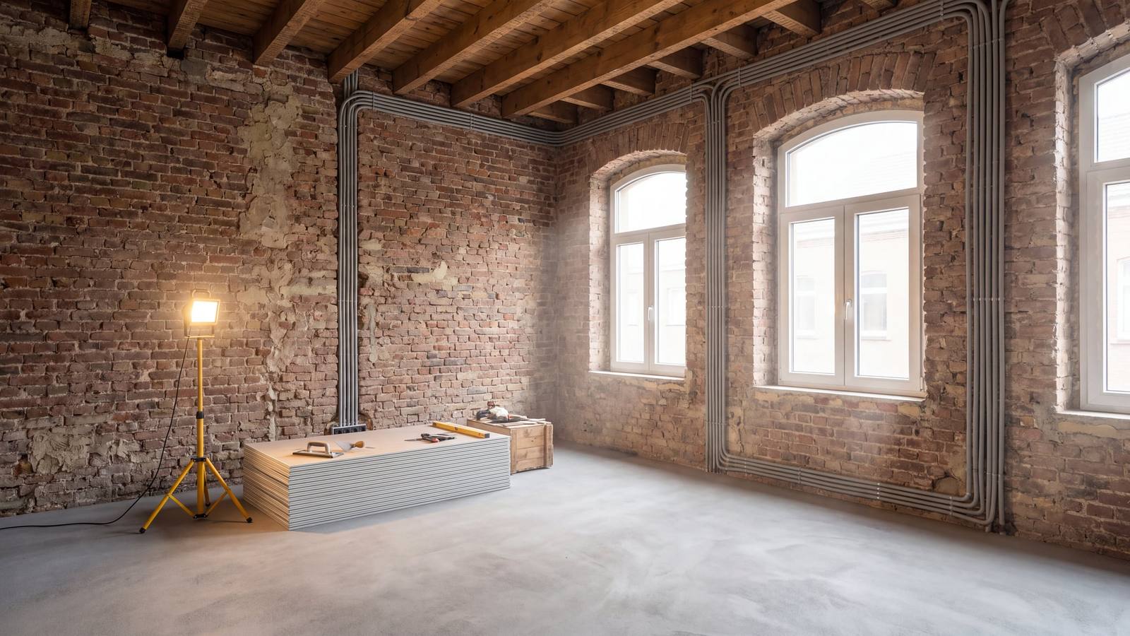 Entkernter Altbau-Innenraum mit freigelegten Ziegelwänden, Holzbalkendecke und Baustrahler im Tageslicht