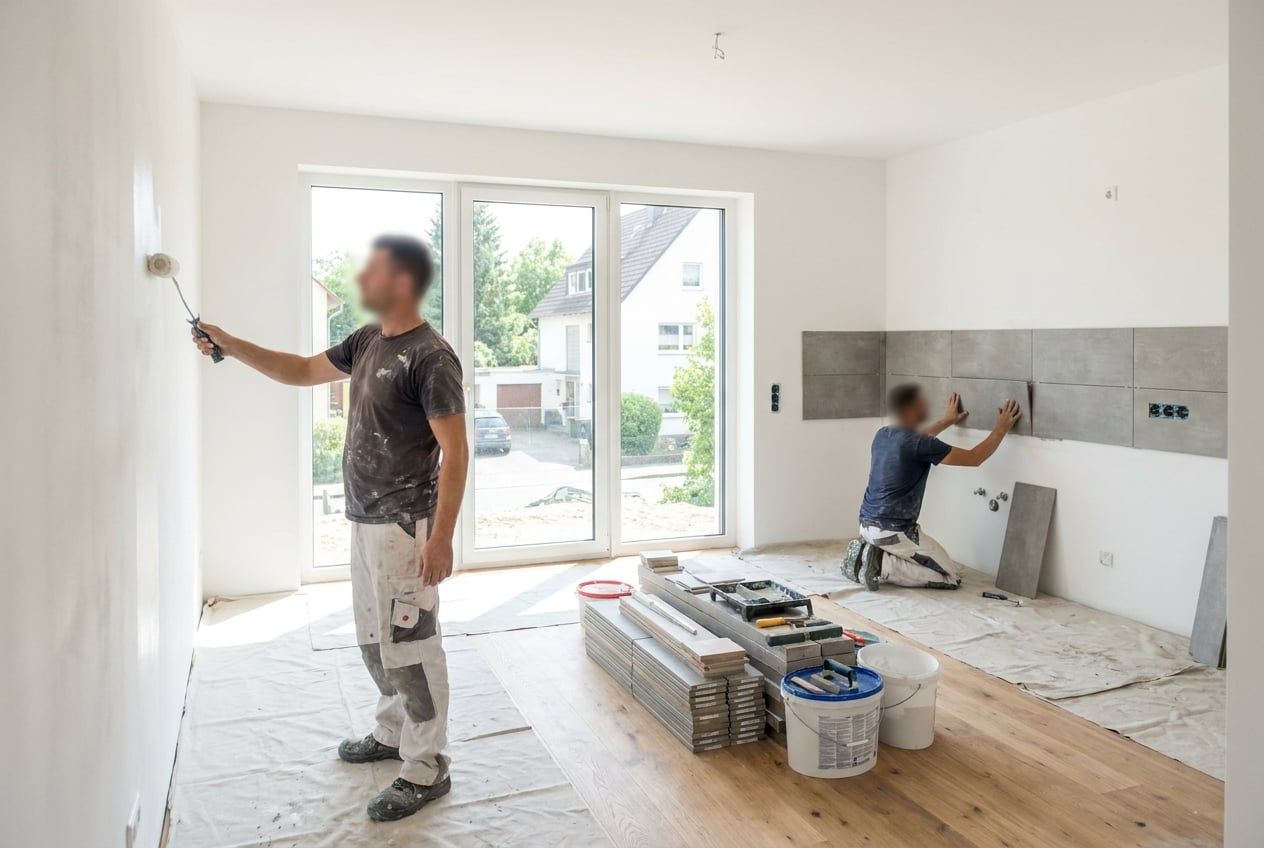 Handwerker streicht eine Wand, im Hintergrund werden Wandfliesen verlegt