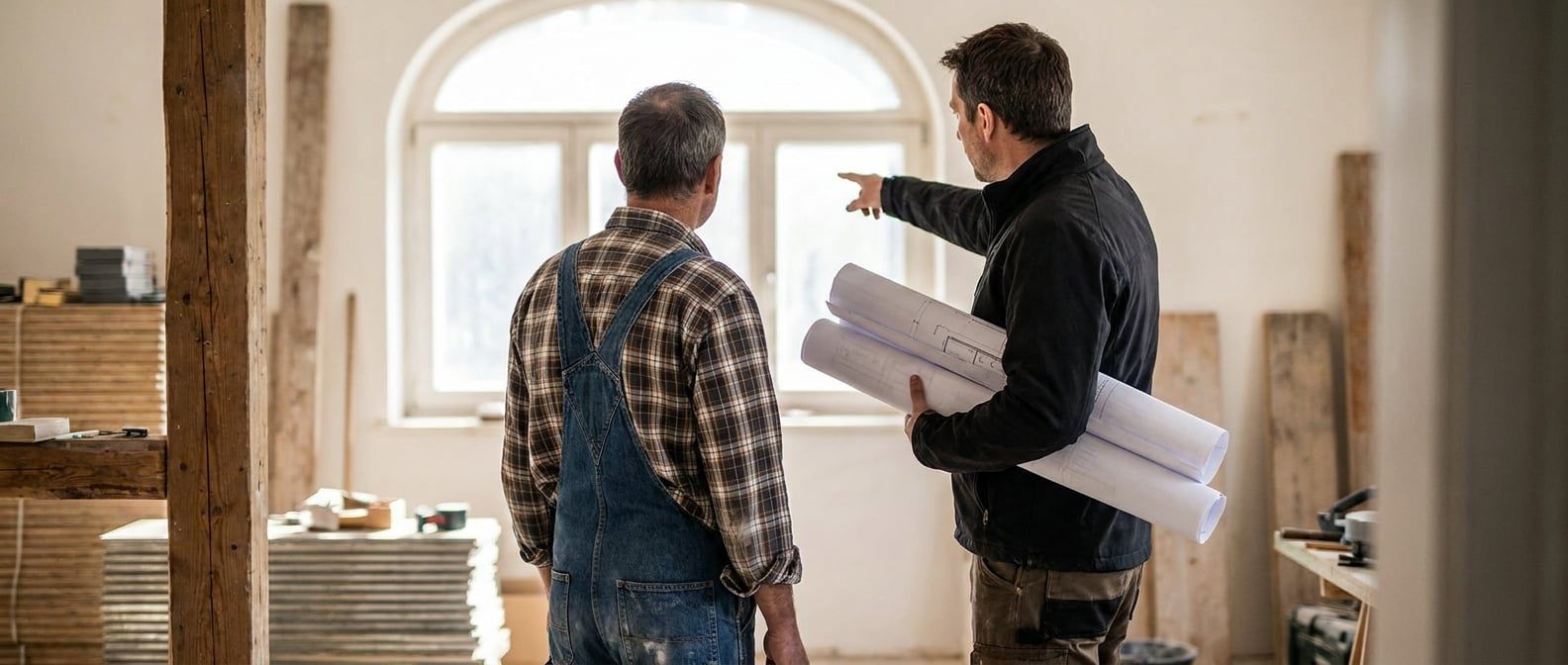 Zwei Handwerker mit Bauplänen besprechen die nächsten Arbeitsschritte in einem Altbau