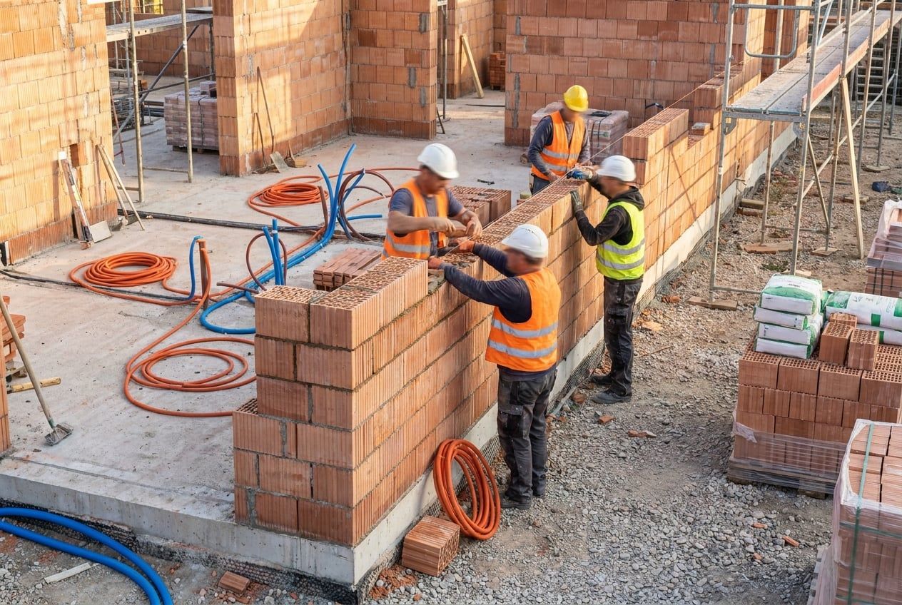 Maurer errichten Ziegelwände auf einer Rohbaustelle mit Gerüst