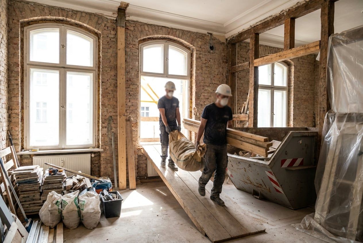 Zwei Arbeiter tragen Bauschutt über eine Bohlenrampe aus einem entkernten Altbauzimmer
