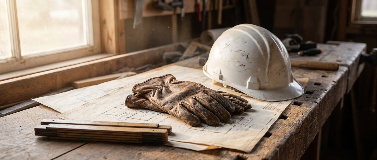 Schutzhelm, Arbeitshandschuhe und Zollstock auf einer Werkbank im Gegenlicht